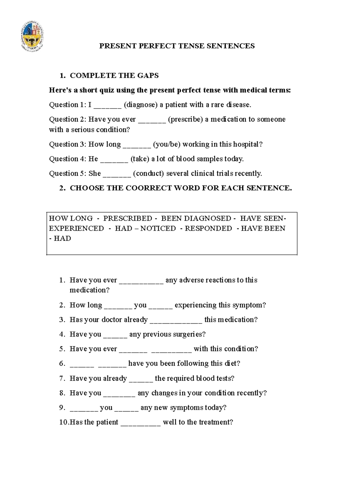 Present Perfect Tense Quiz: Medical Terms & Health Conditions - Studocu