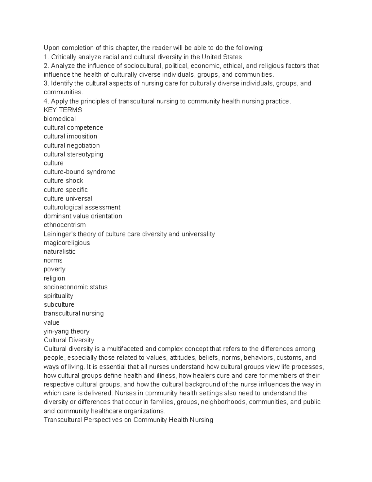 Cultural Diversity and Community Health Nursing: Chapter 13 Summary ...
