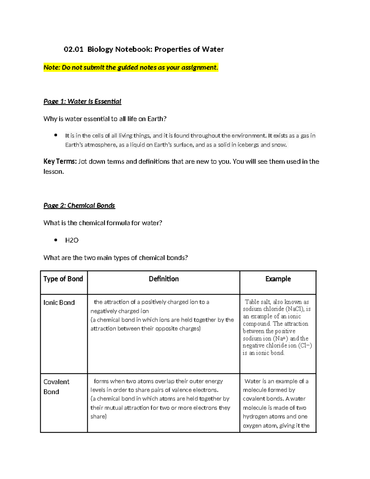 02.01 Biology Notes: Understanding the Essential Properties of Water ...