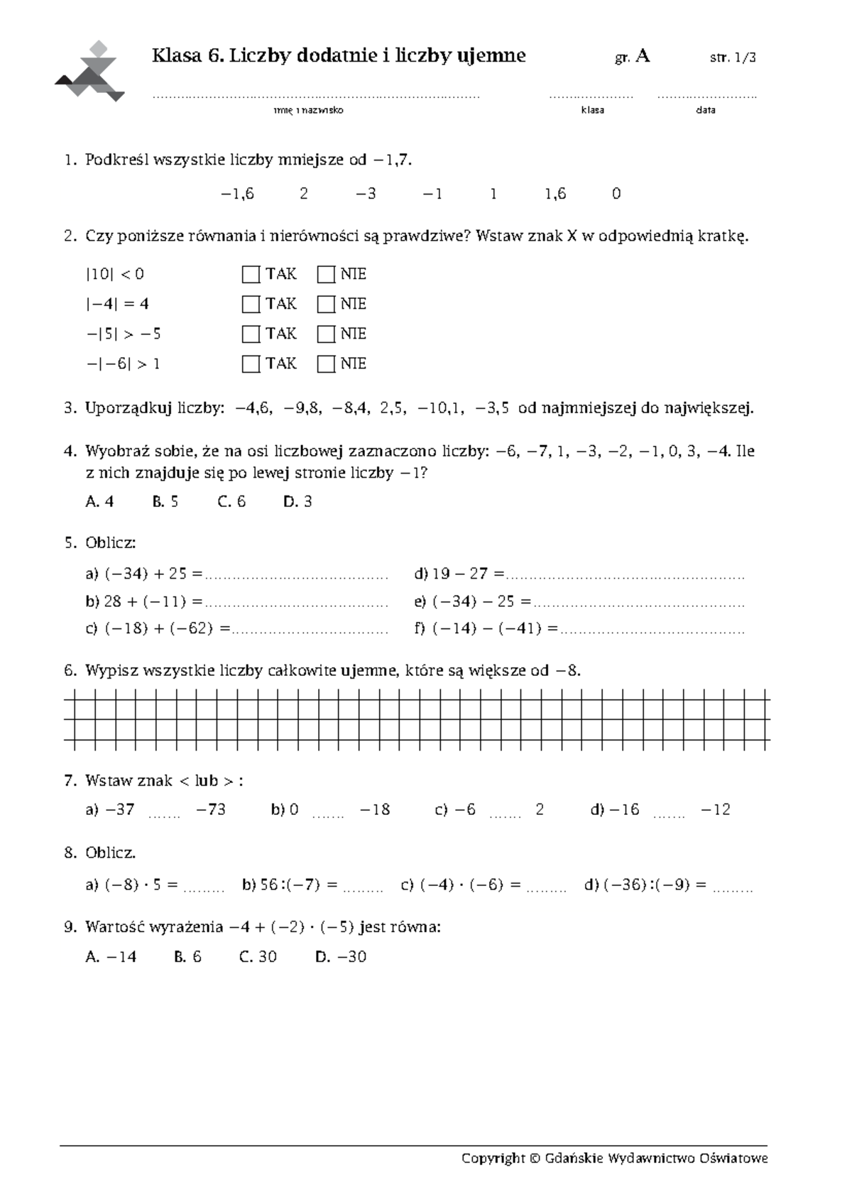 Negatywnych i Dodatnich w Matematyce - Klasa 6 Sprawdzian A-E - Studocu