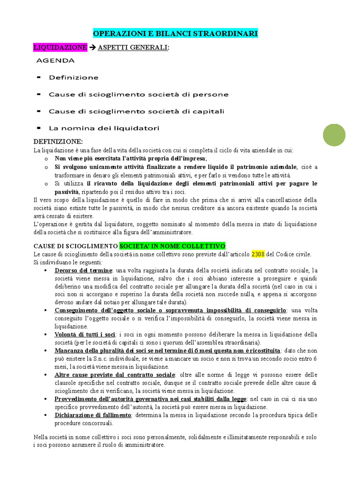 Riassunto Liquidazione: Aspetti Generali e Normative (CORSO 1)