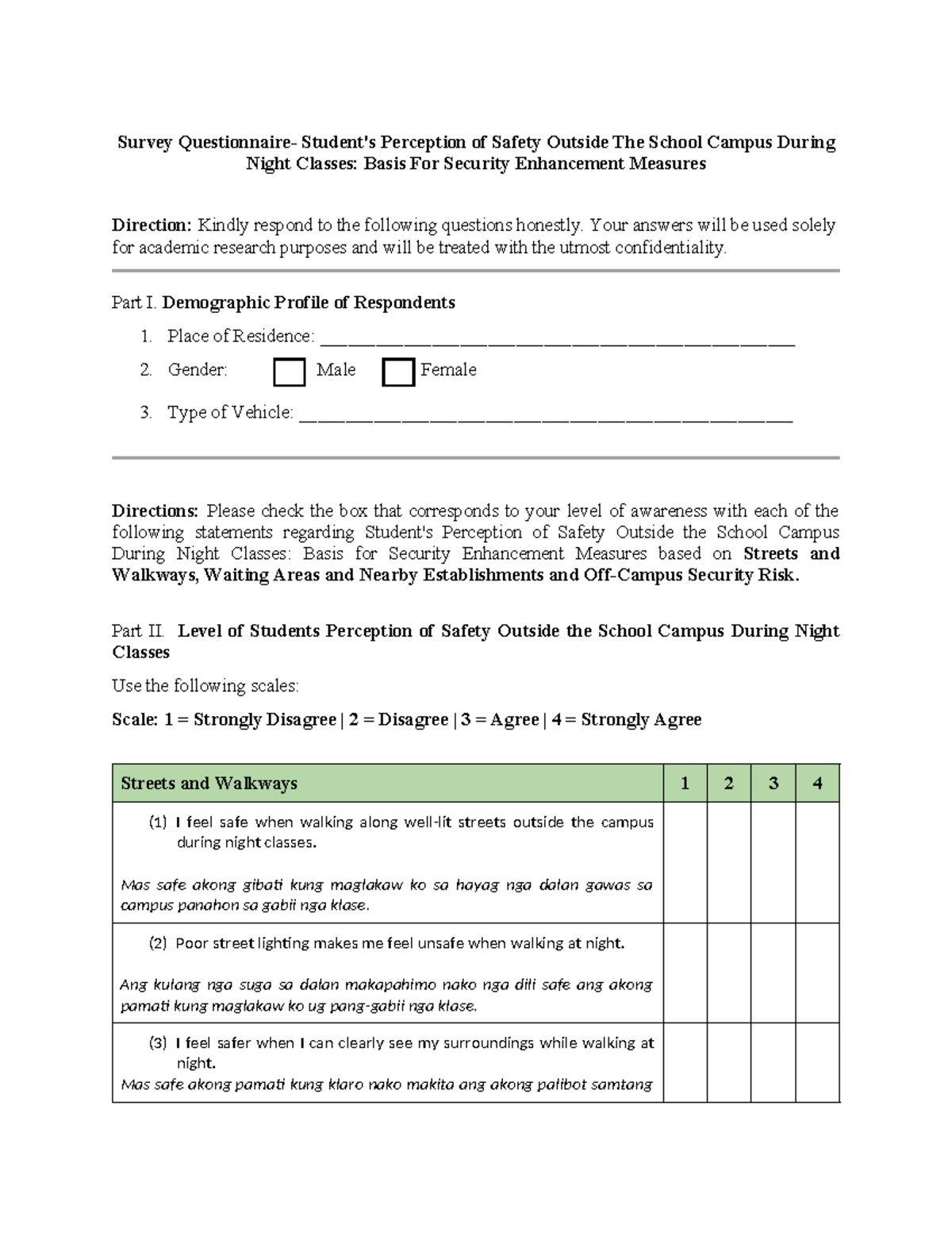 Survey on Student Safety Perception Outside Campus at Night - Studocu