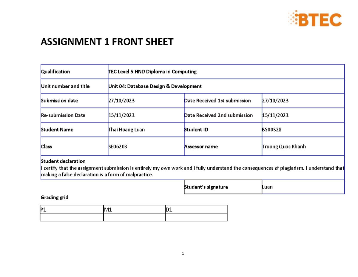 Database Design Development Assignment 1 - SE06203 by Thai Hoang Luan ...