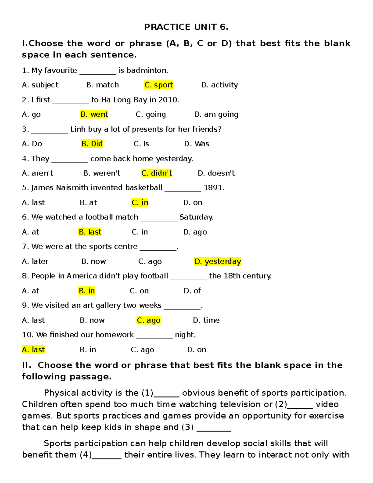 Practice Unit 6: English Exercises and Activities - Studocu
