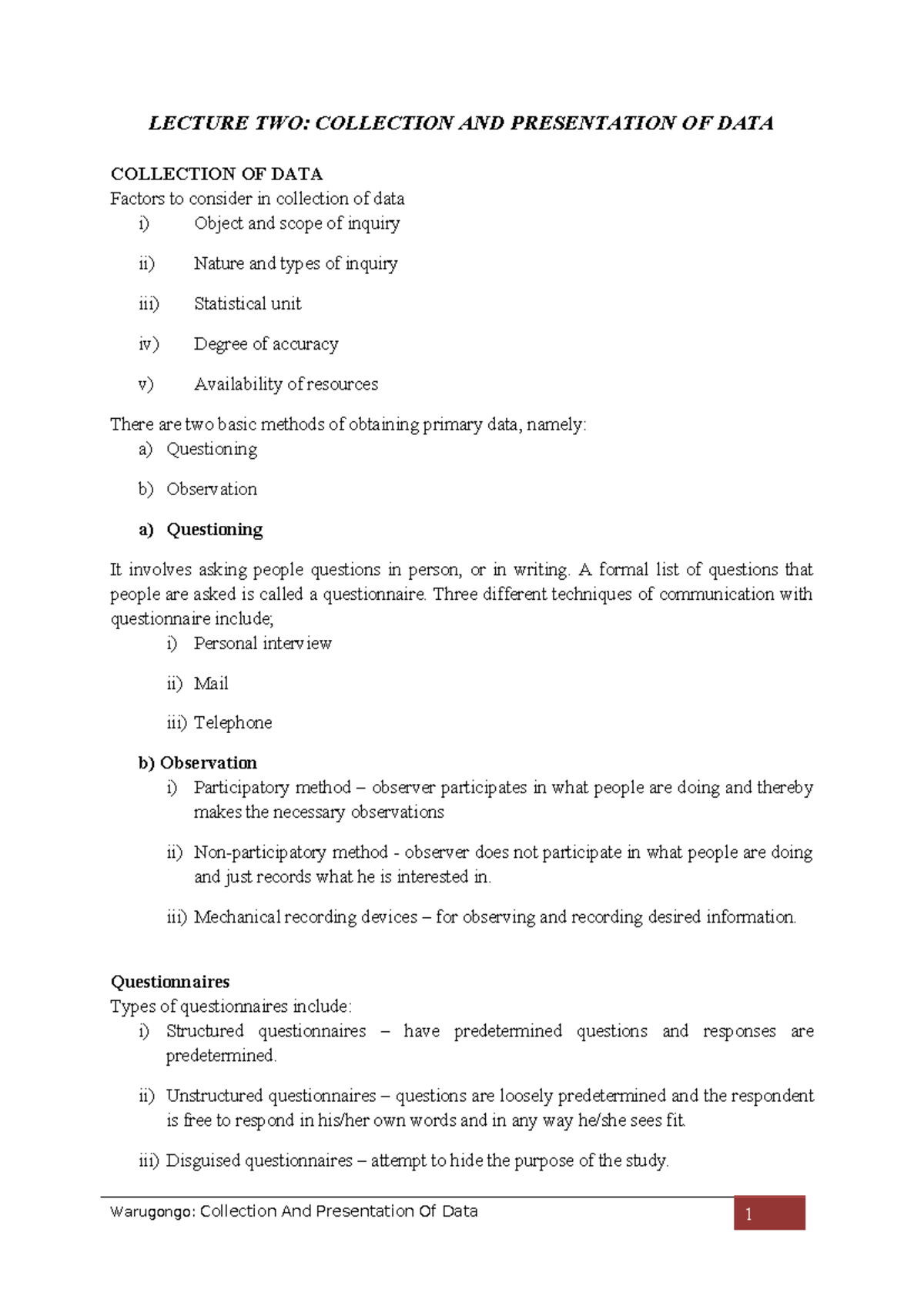 BUS 101: Lecture 2 - Collection and Presentation of Data Techniques ...