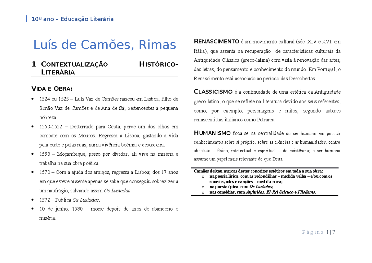 4. Luís de Camões, Rimas - Resumo e Análise Crítica em Português - Document Preview