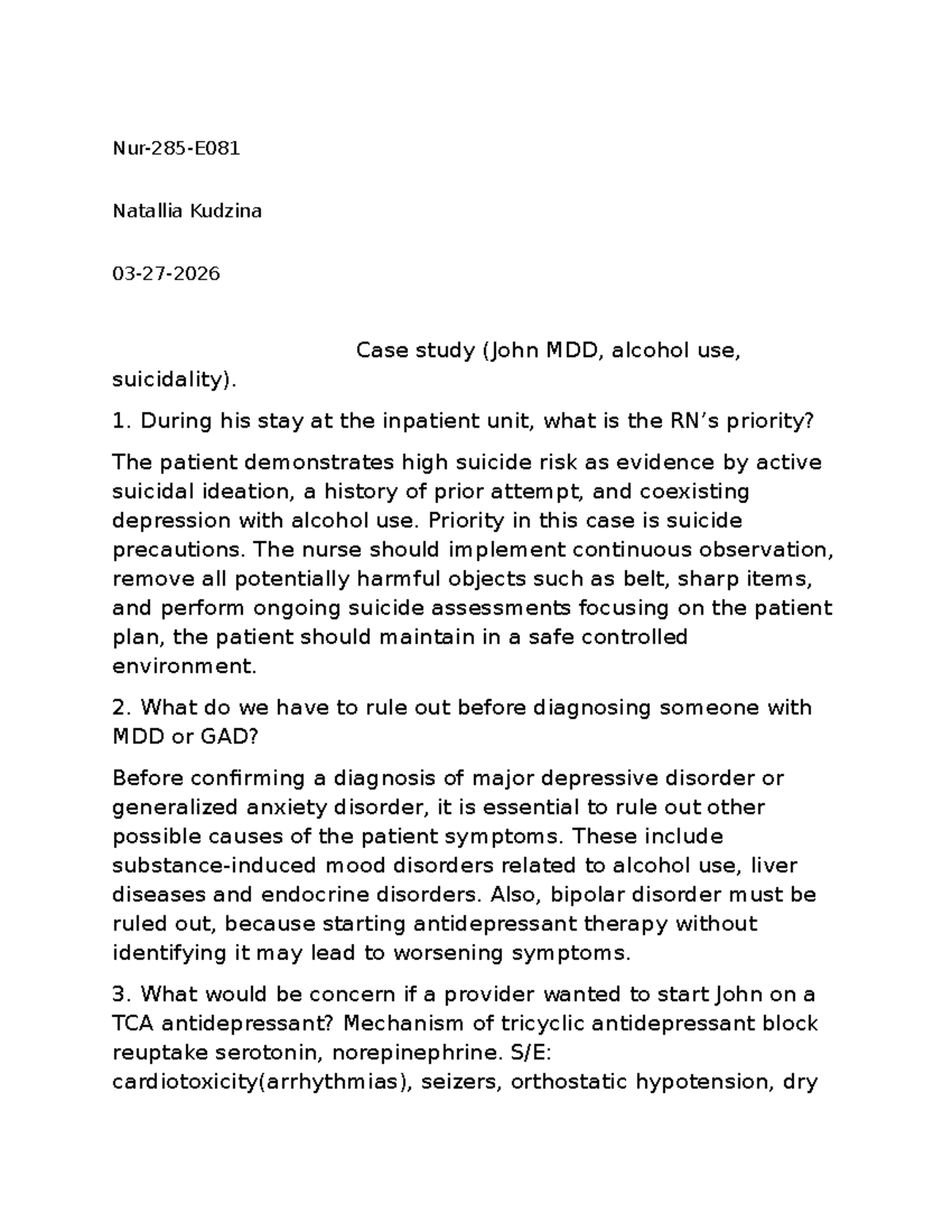 Case Study: John MDD, Alcohol Use, and Suicidality Analysis - Studocu