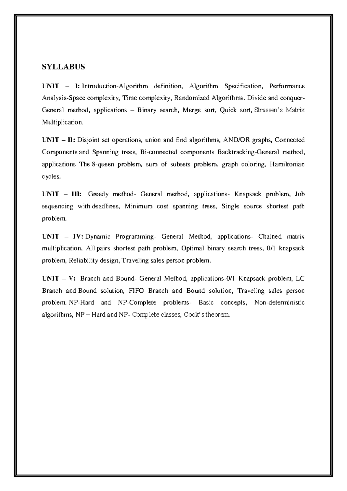 DAA Final Exam Notes: Algorithm Analysis and Design Techniques - Studocu
