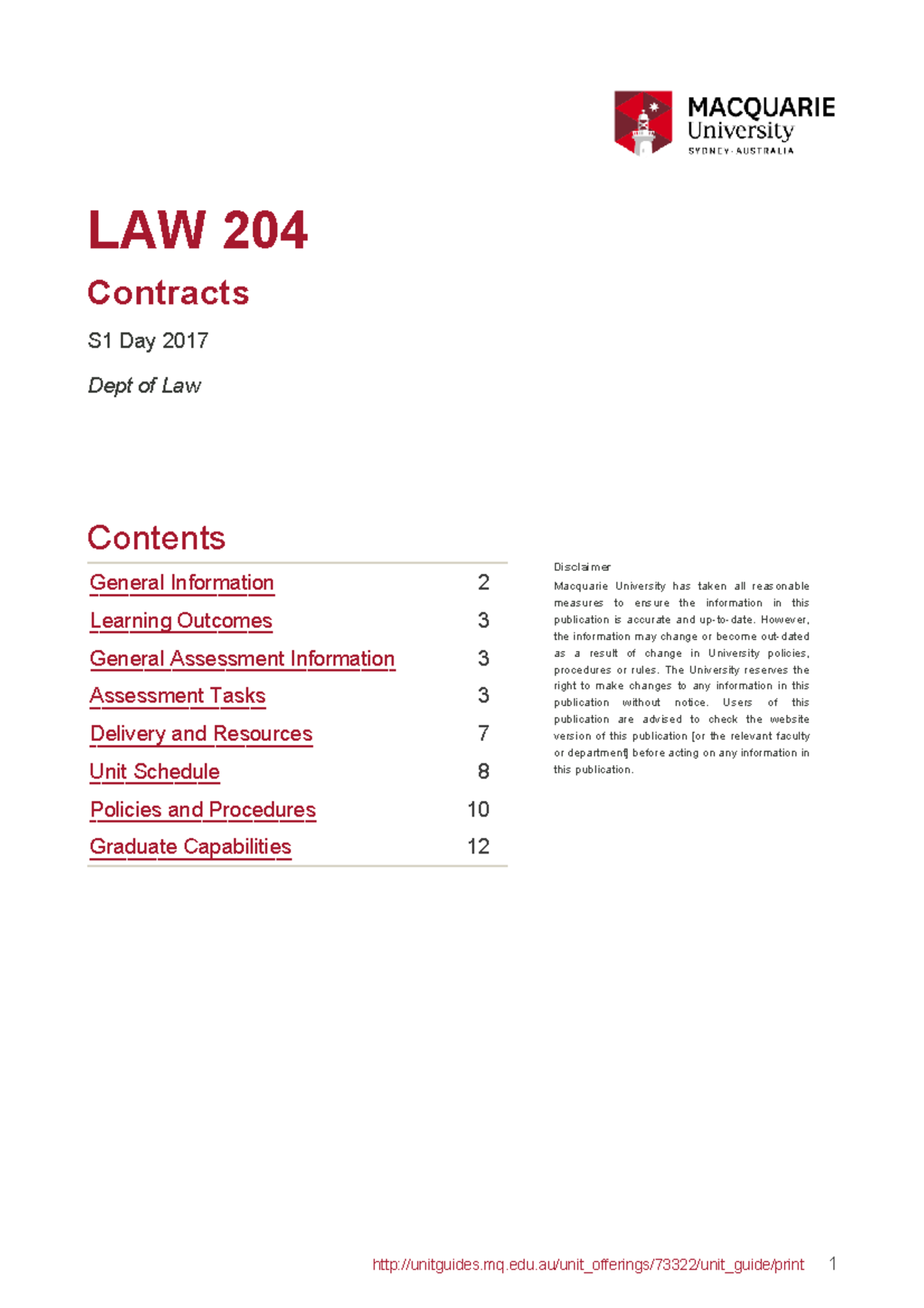 Contracts Unit Guide LAW 204 S1 2017 - Macquarie University - Studocu