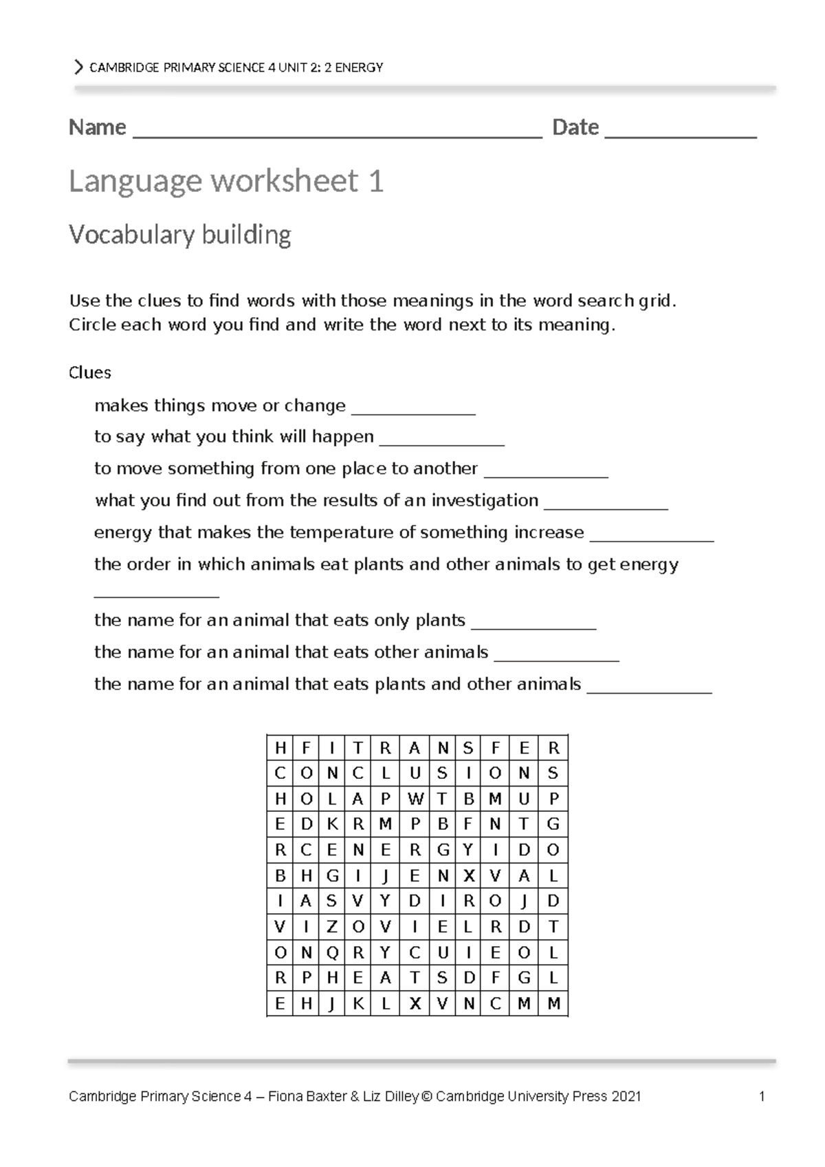 P Science 4 Language Worksheets Unit 2 - Name ...