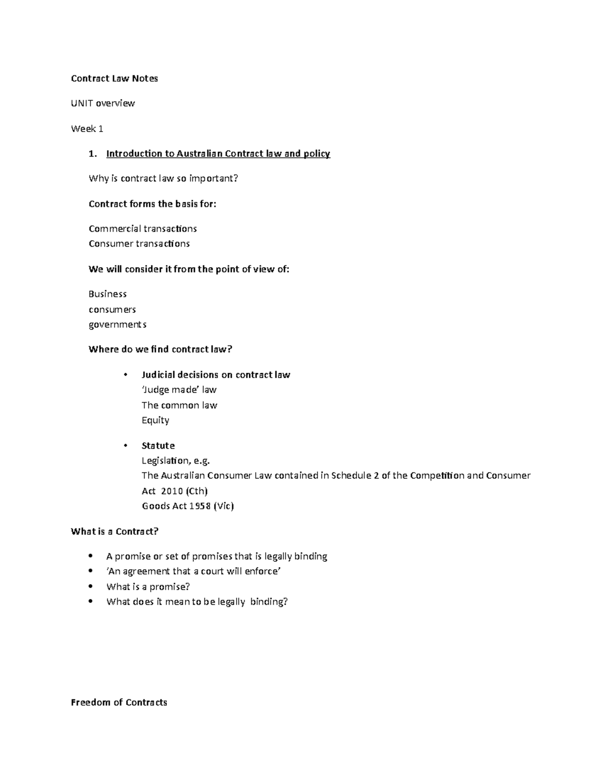 Contract Law Notes - Contract Law Notes UNIT overview Week 1 1 ...