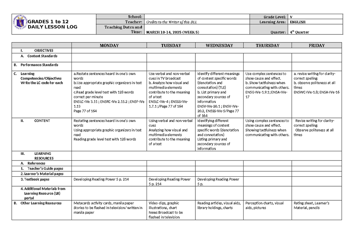 Grade 5 DLL English 5 Q4 Week 5 - GRADES 1 to 12 DAILY LESSON LOG ...