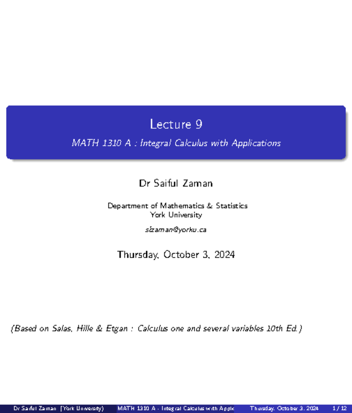 F24m1310ALec 9 slides - Lecture 9 MATH 1310 A : Integral Calculus with ...