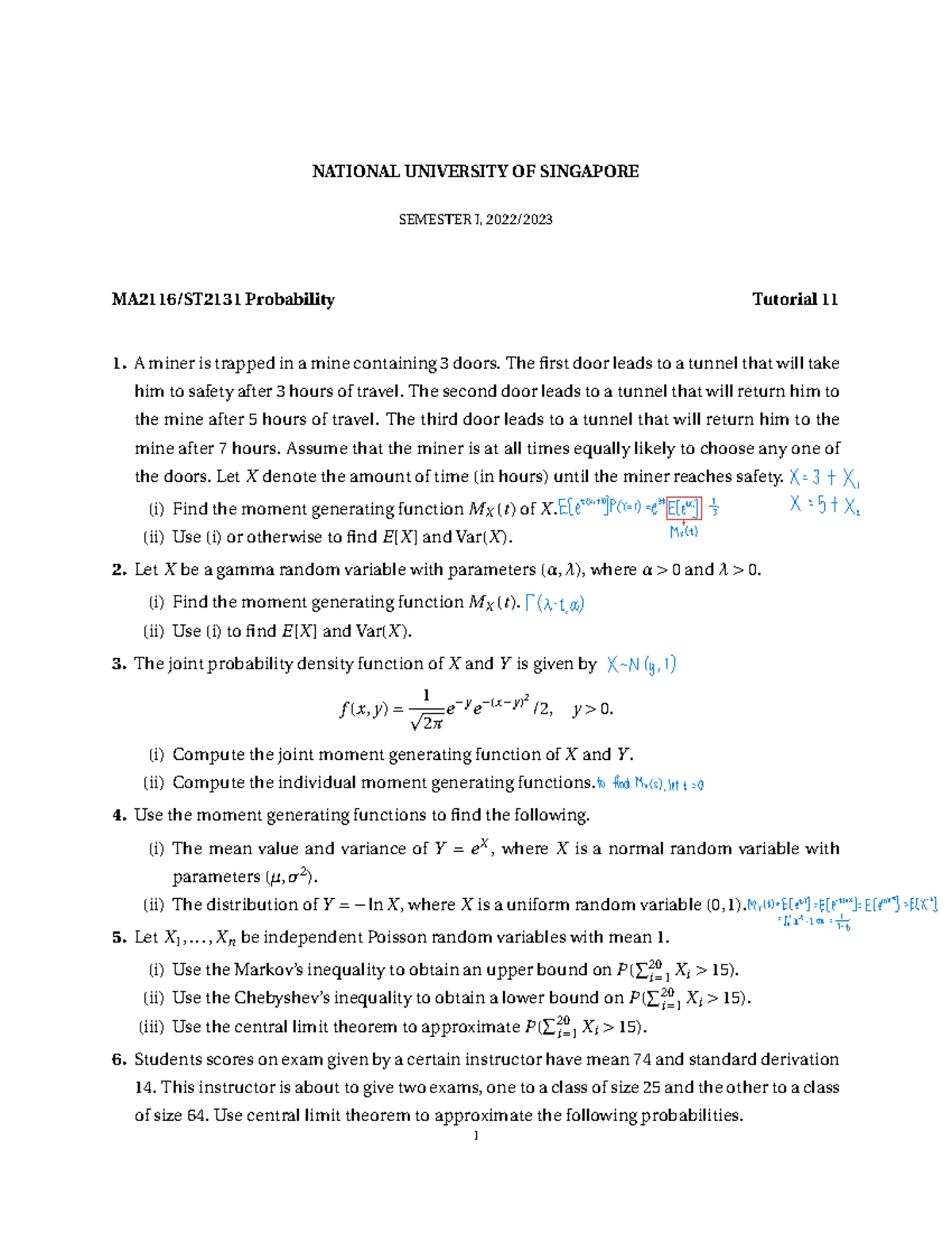 Probability-Tutorial - NATIONAL UNIVERSITY OF SINGAPORE SEMESTER I ...