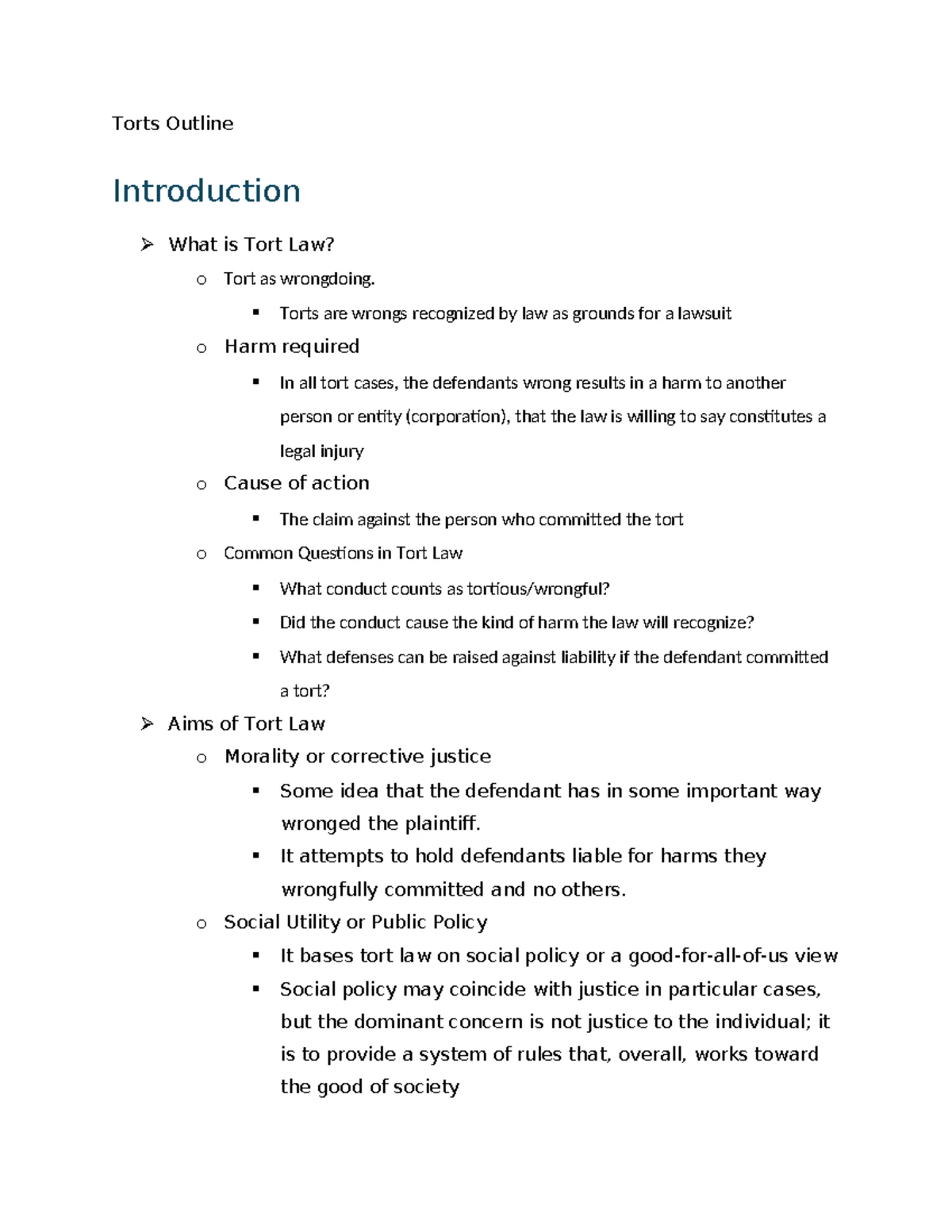 Torts Outline - Fall 2020 Comprehensive Summary of Key Legal Concepts ...