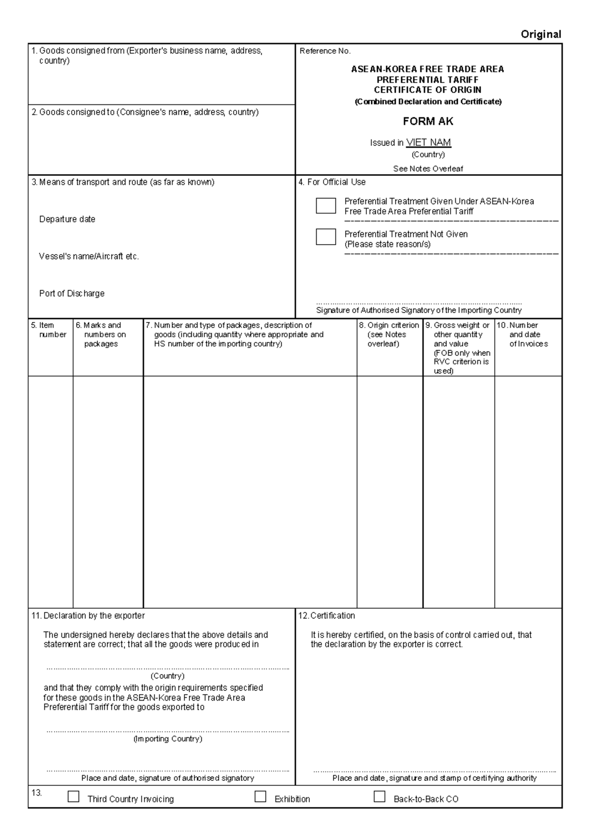 Free Trade Area Preferential Tariff Certificate of Origin - Form AK ...