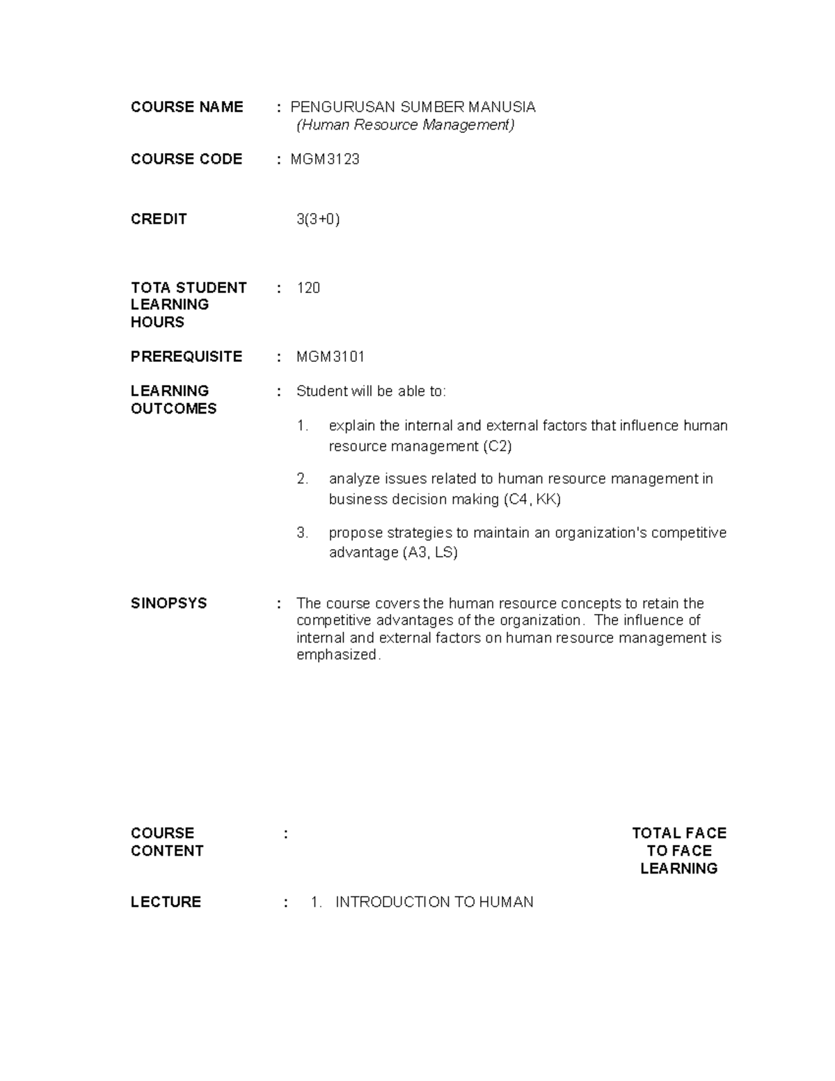 MGM3123: Human Resource Management Course Outline & Lecture Notes - Studocu