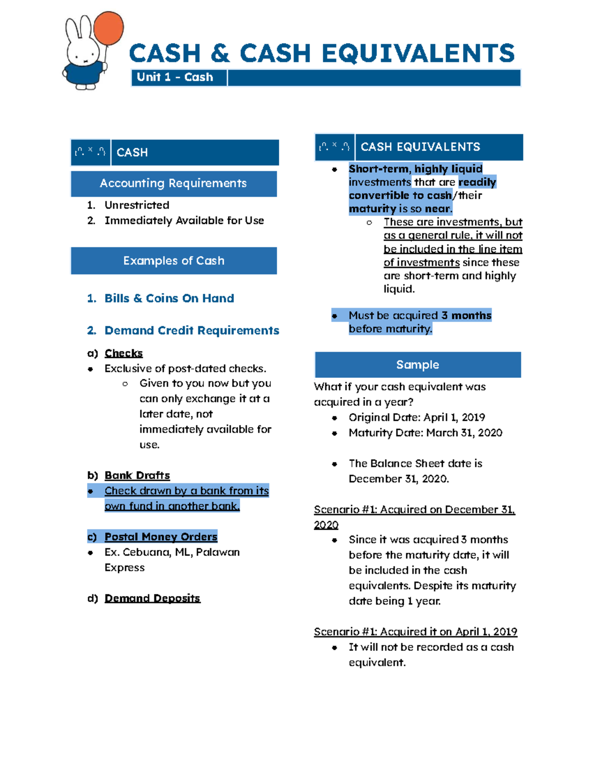 CASH & CASH EQUIVALENTS Unit 1: Understanding Accounting Requirements ...