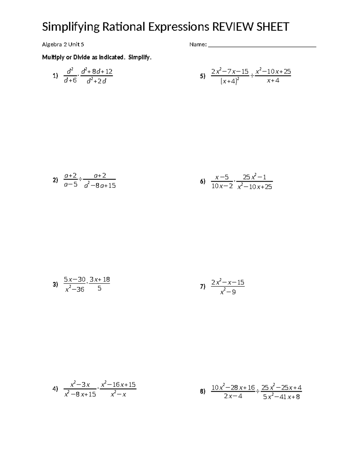 Algebra 2 Unit 5: Simplifying Rational Expressions Review Sheet - Studocu