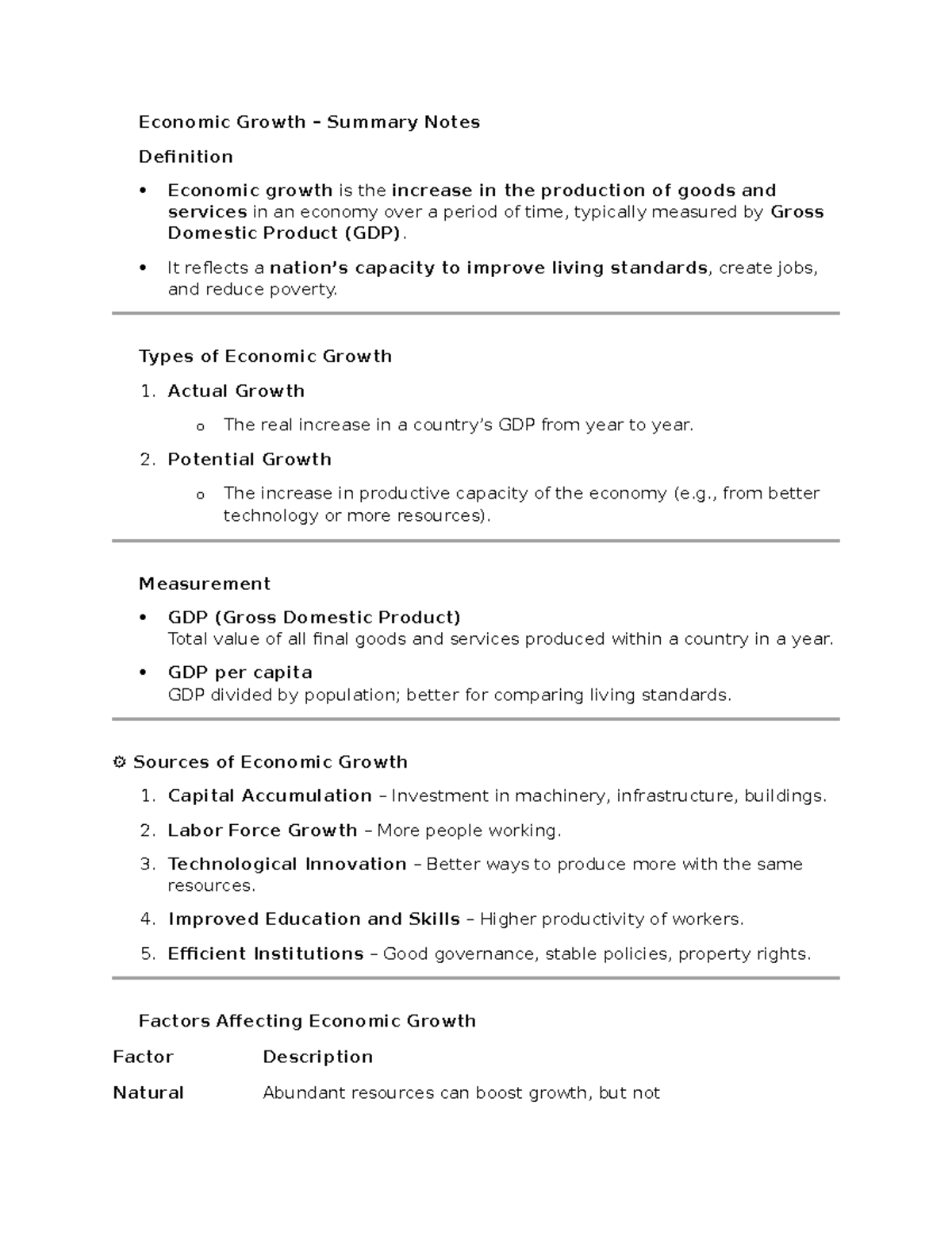 ECON 101: Economic Growth Summary Notes and Key Concepts - Studocu