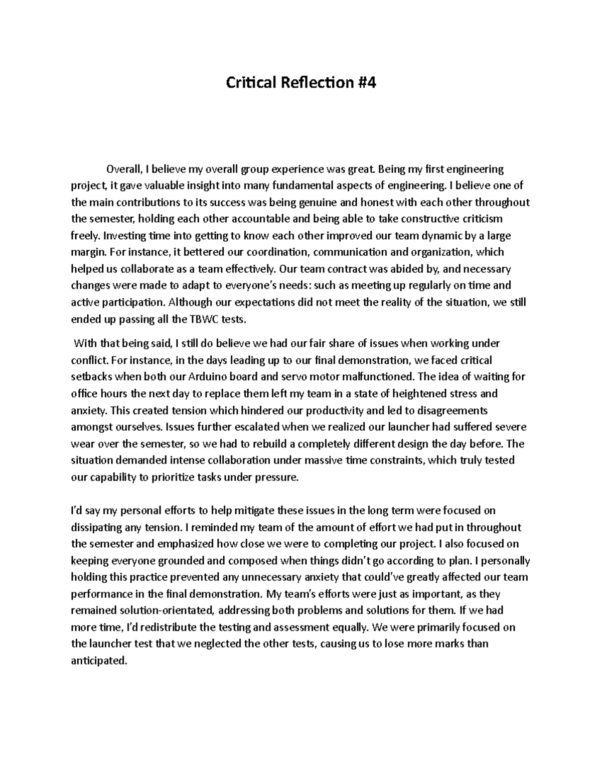 ENGR 101: Critical Reflection on Group Project Experience - Studocu
