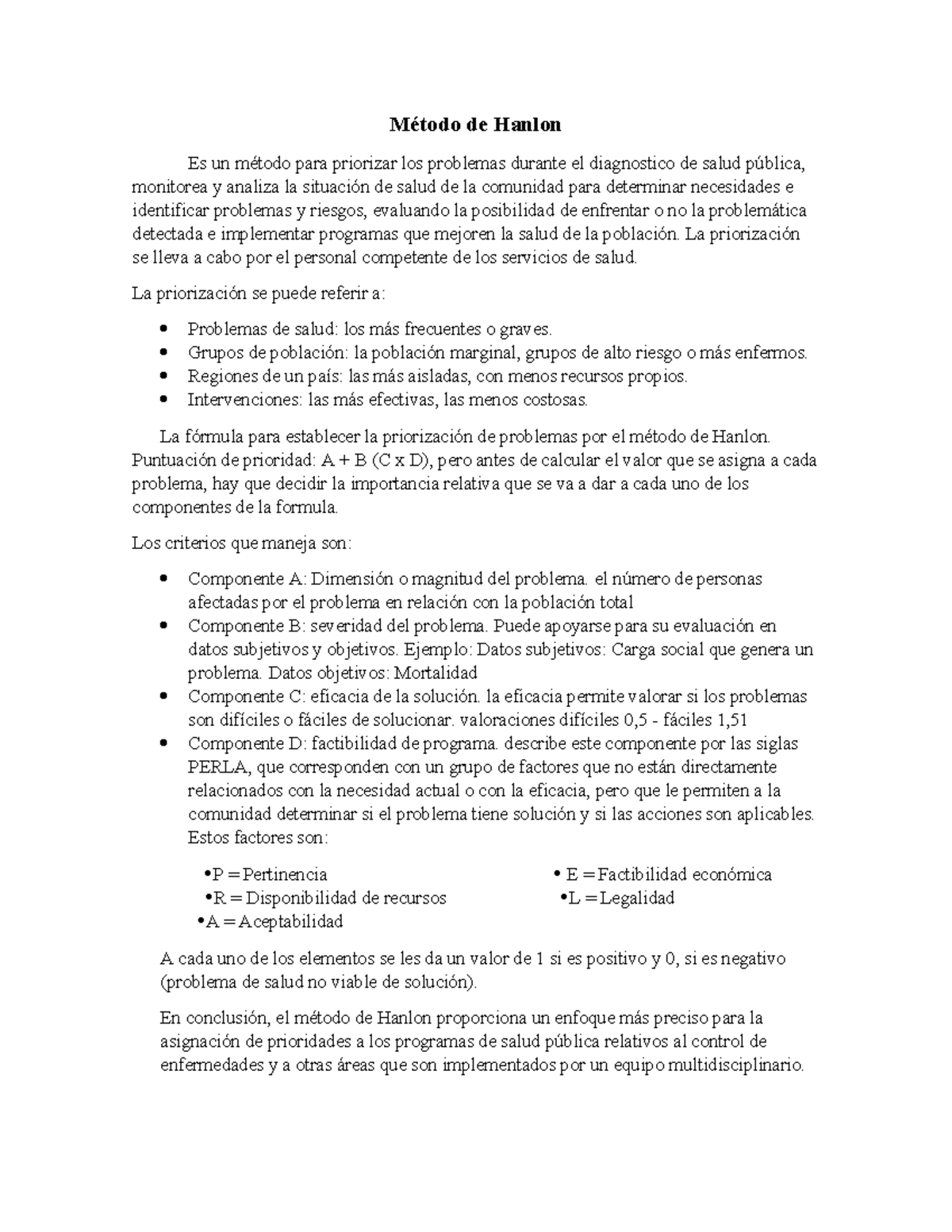 Resumen del Método de Hanlon: Priorización en Salud Pública - Studocu