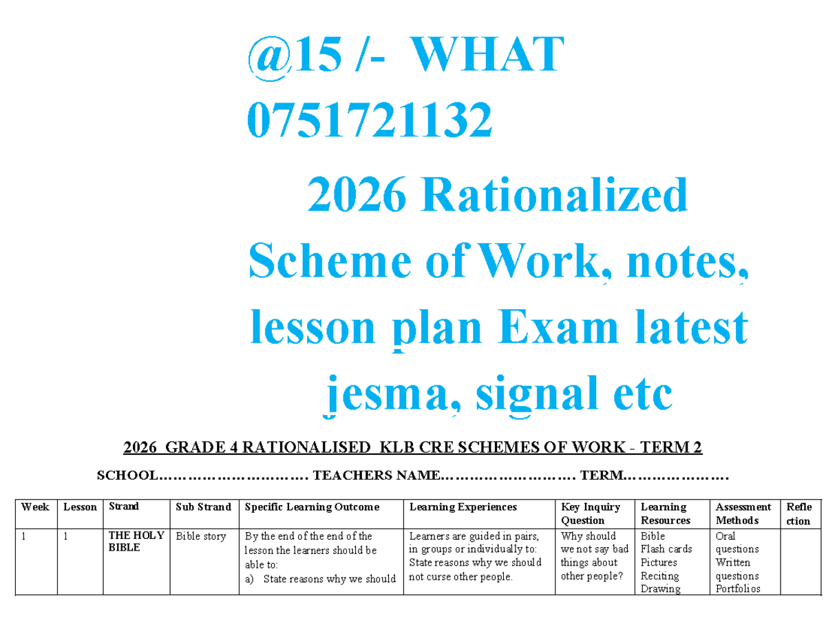 Grade 4 KLB CRE Rationalized Schemes of Work Term 2 - Studocu