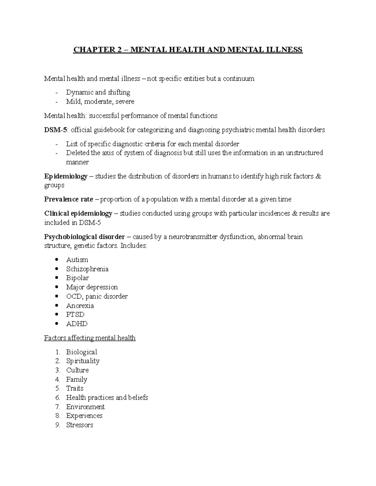 Chapter 2 - Mental Health & Illness Overview Notes - Studocu