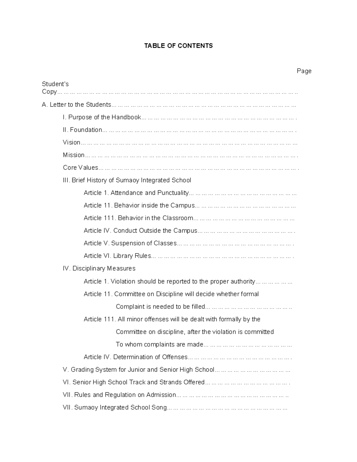 Student Handbook Draft 075336 - TABLE OF CONTENTS Page Student’s - Studocu