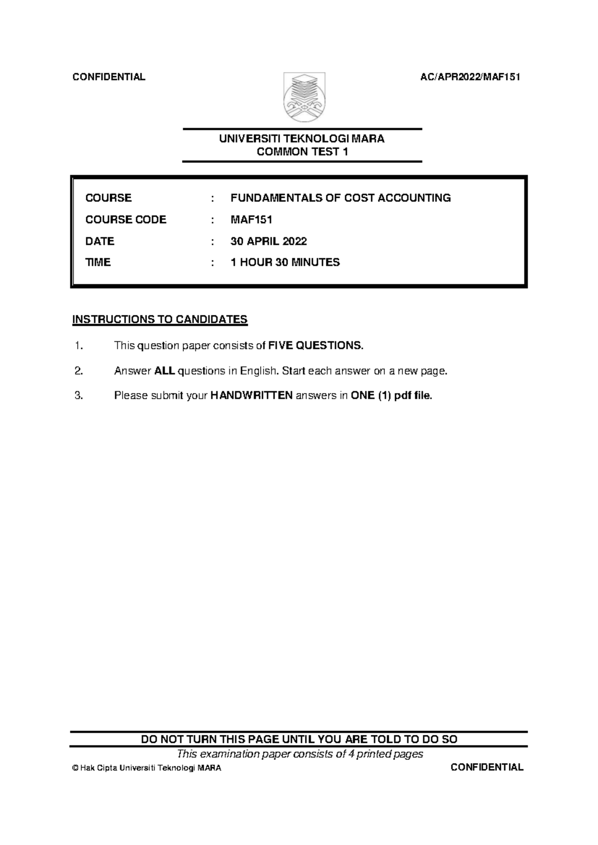 Common Test 1 MAF - Fundamentals of Cost Accounting Exam Review - Studocu