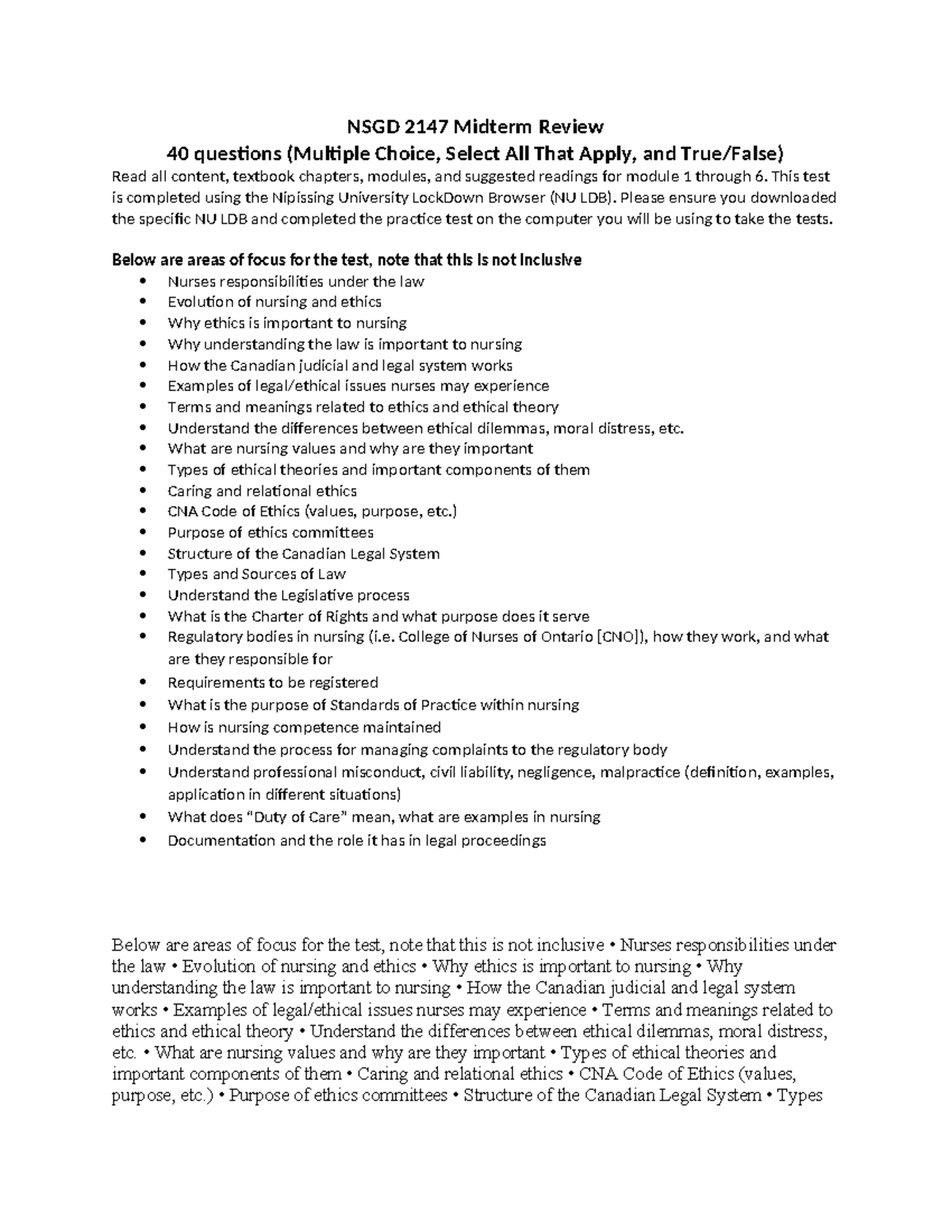 NSGD 2147 Midterm Review: Key Topics in Nursing Ethics & Law - Studocu