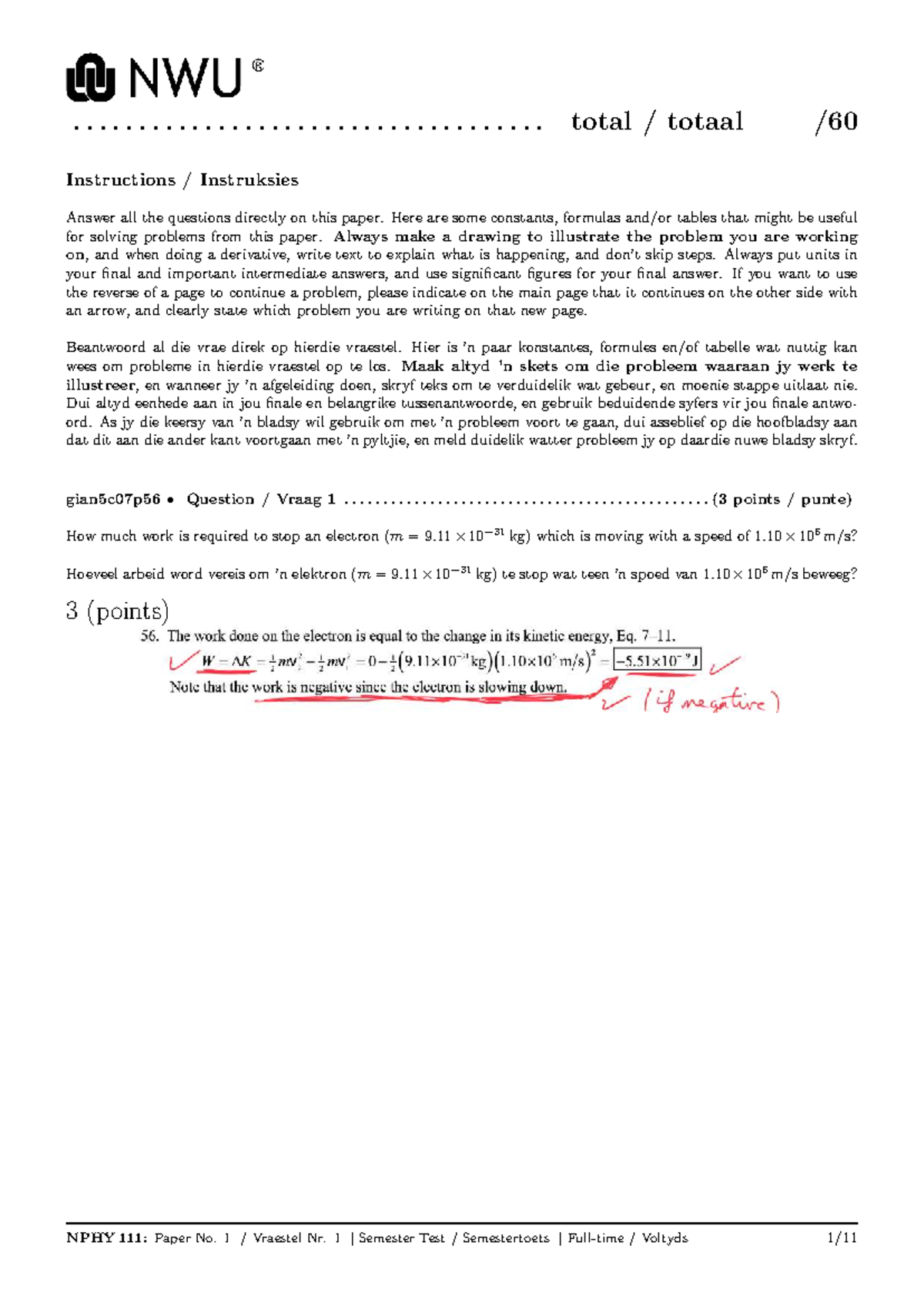 NPHY 111: Semester Test 1 Memo - Total Marks / Totaal Punten - Studocu