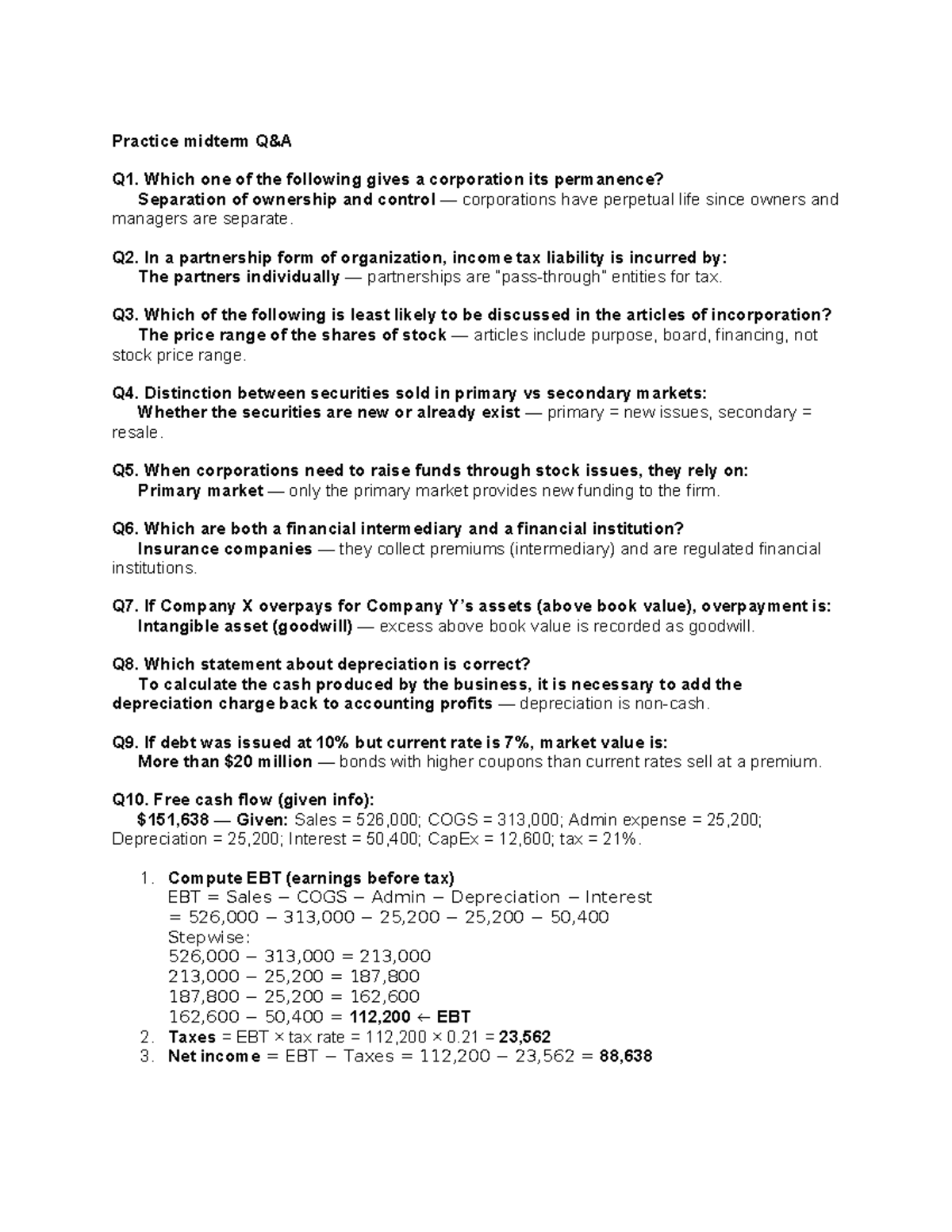 Fin 3000 Midterm Review Notes: Key Concepts & Exam Tips - Studocu