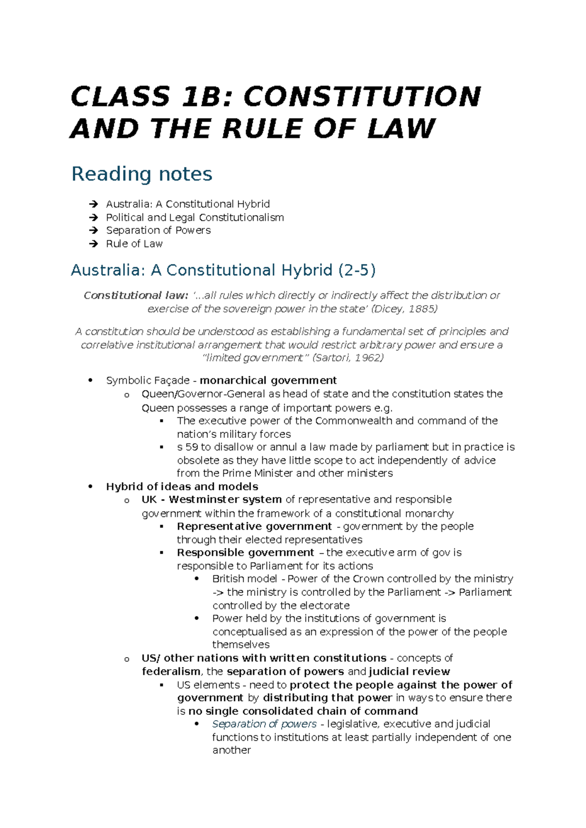 Class 1B - Reading notes - CLASS 1B: CONSTITUTION AND THE RULE OF LAW ...