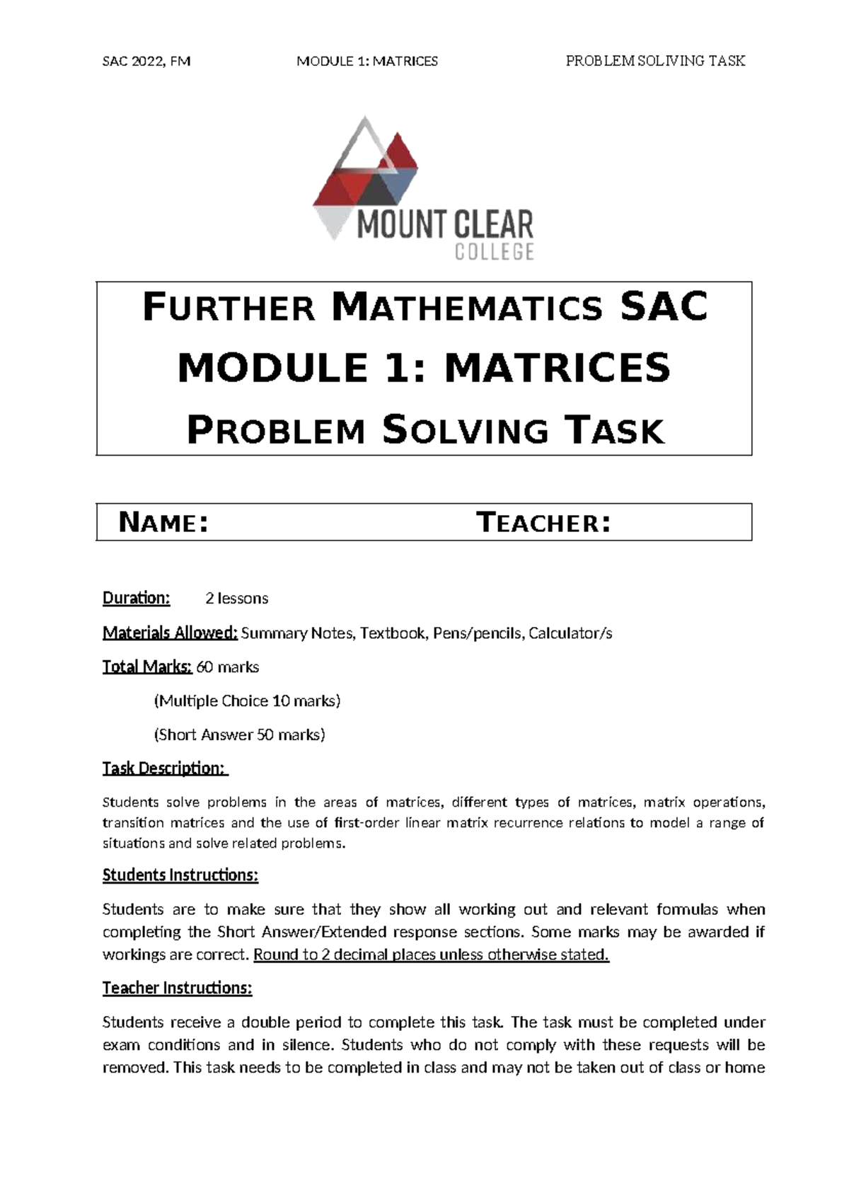 SAC 2022, FM MODULE 1: MATRICES PROBLEM SOLVING TASK - VCE General Math ...