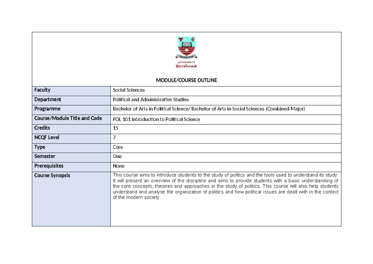 Course Outline for POL 101: Introduction to Political Science - Studocu