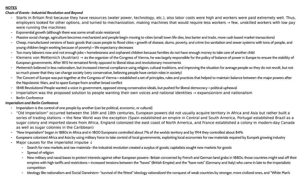 AP EURO Quarter 4 Notes - NOTES Chain of Events- Industrial Revolution ...