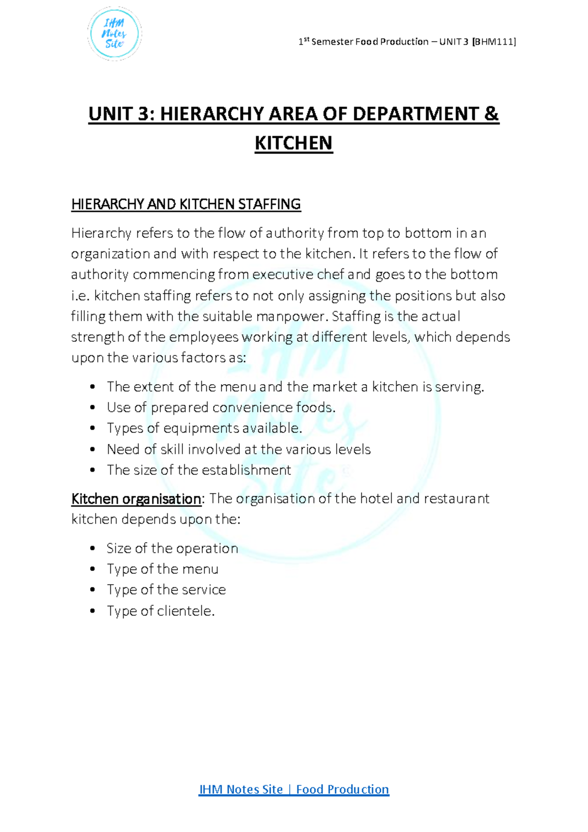 UNIT 03: Kitchen Hierarchy & Staffing Overview in Culinary Arts - Studocu