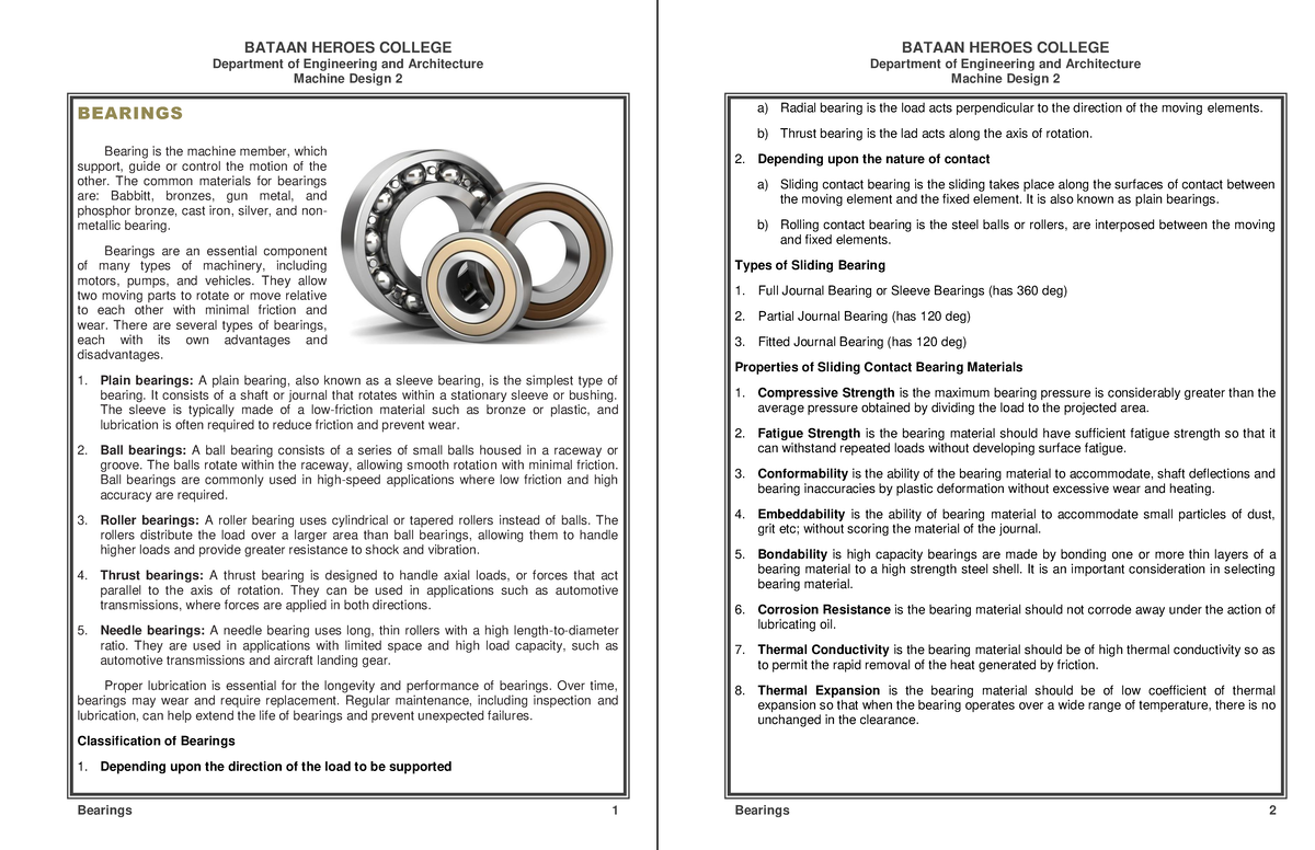 Machine Design 2 (ENGR 202) - Lecture Notes on Bearings - Studocu