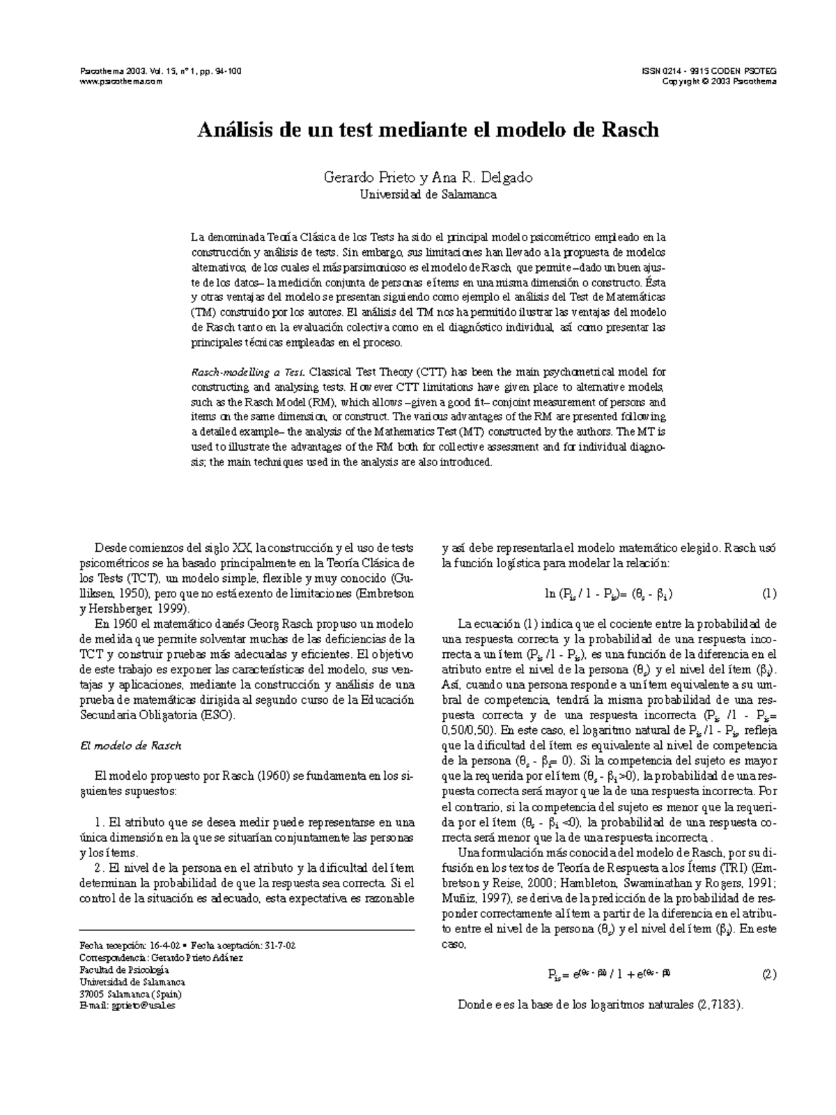 Análisis del Test de Matemáticas mediante el Modelo de Rasch ...