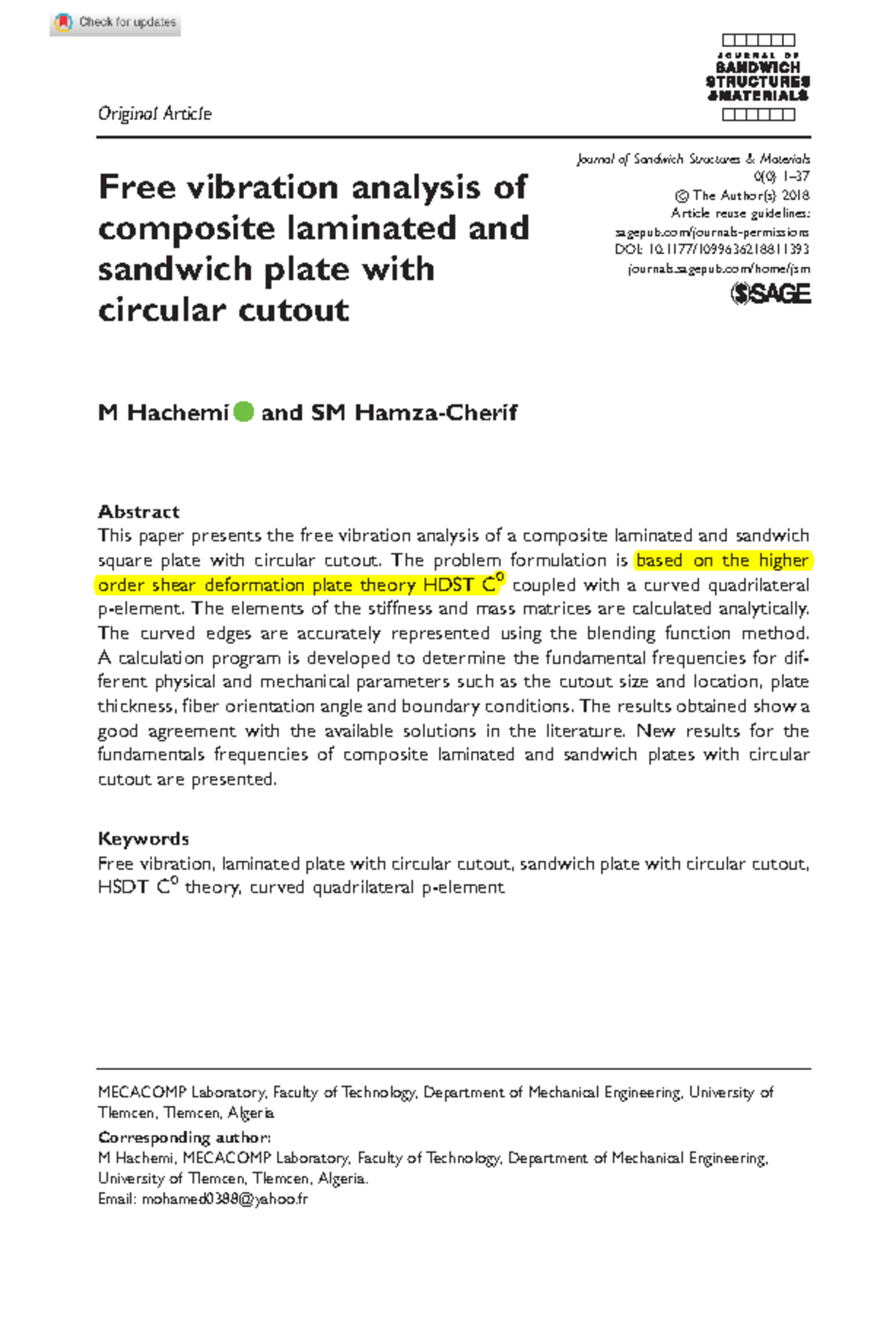 Free Vibration Analysis of Composite Plates with Cutouts (MECACOMP ...