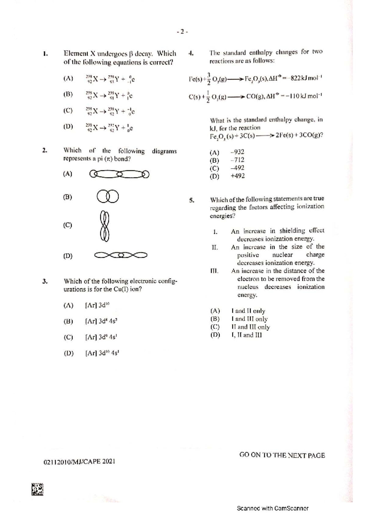Chemistry 2021 U1 P1 - Past Paper 1 for CAPE Exam Review - Studocu