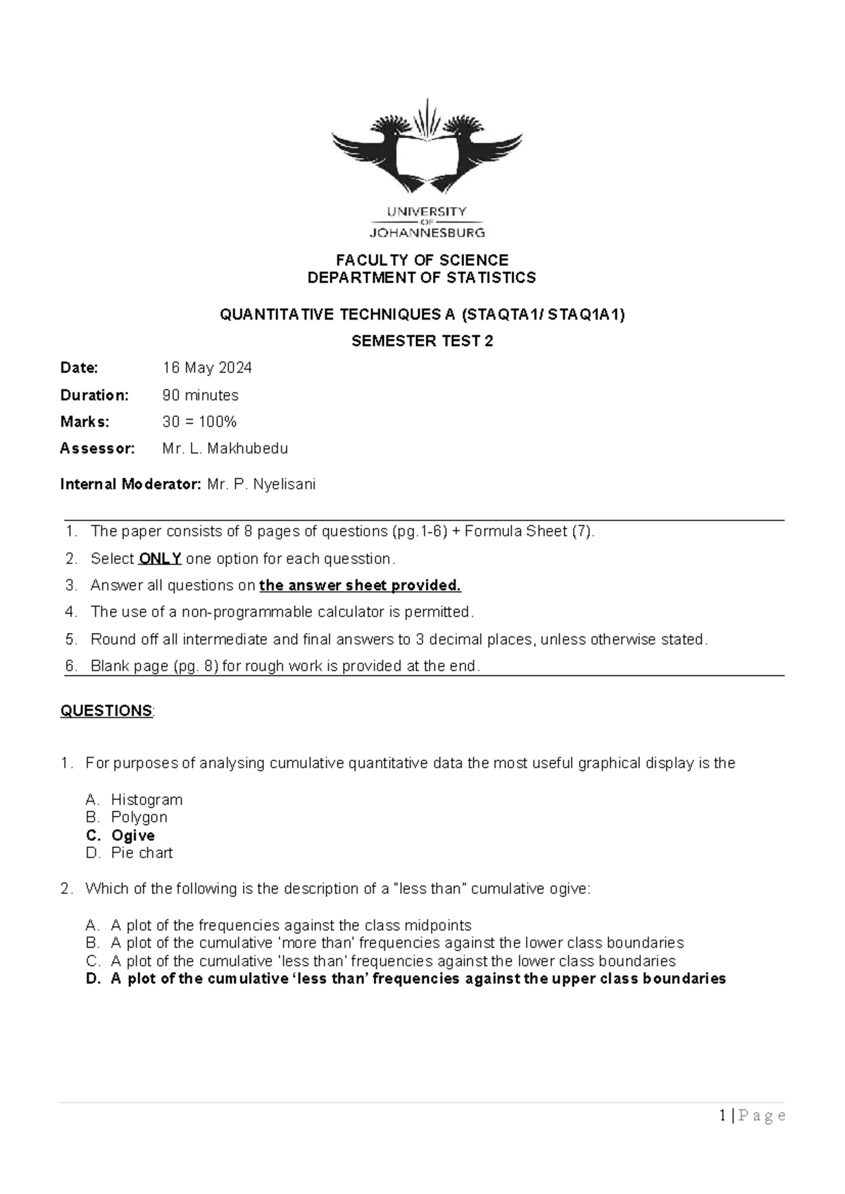 QUANTITATIVE TECHNIQUES A STAQ1A1) SEMESTER TEST 2 MEMO MAY 2025 - Studocu
