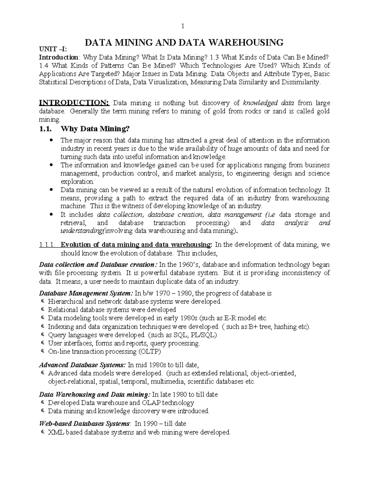 DMDW-UNIT-1 R16: Introduction to Data Mining and Warehousing Concepts ...