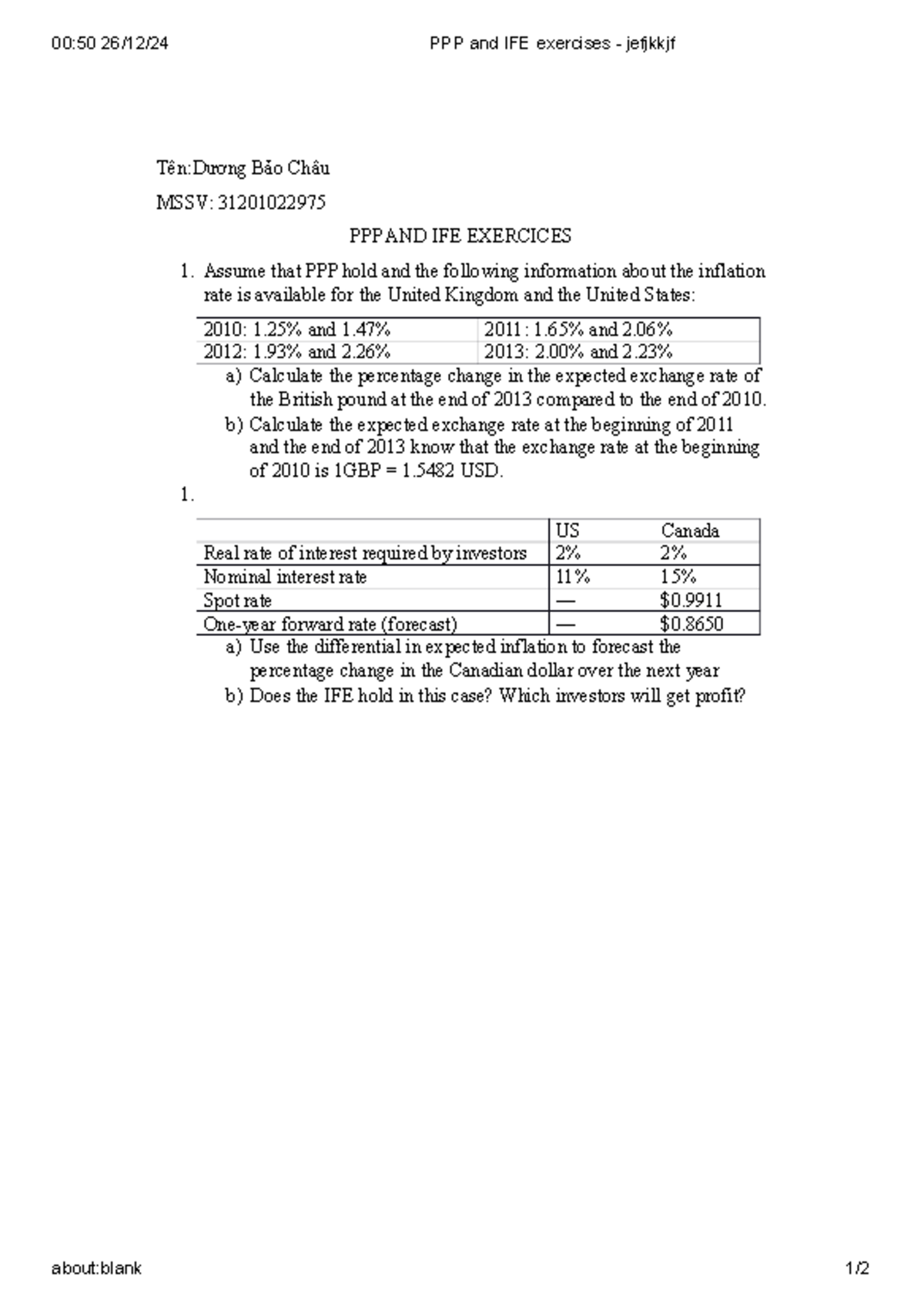 PPP & IFE Exercises: Analysis and Calculations for 2010-2013 - Studocu
