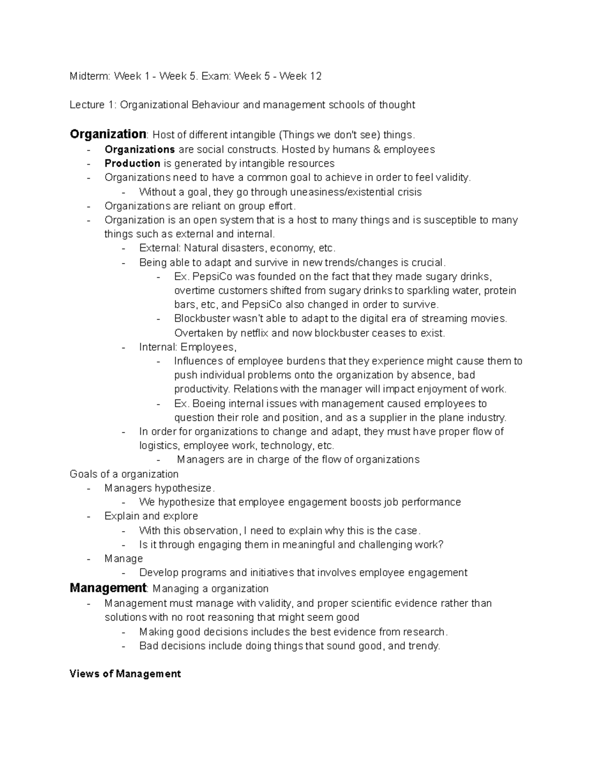 MHR405 Midterm Notes: Organizational Behaviour & Management Theories ...