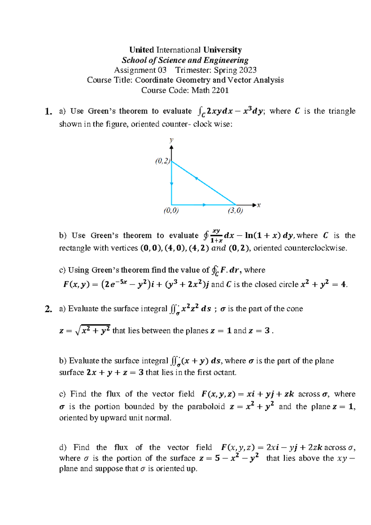 Math 2 201 - Assignment 03: Vector Analysis & Green’s Theorem Solutions ...