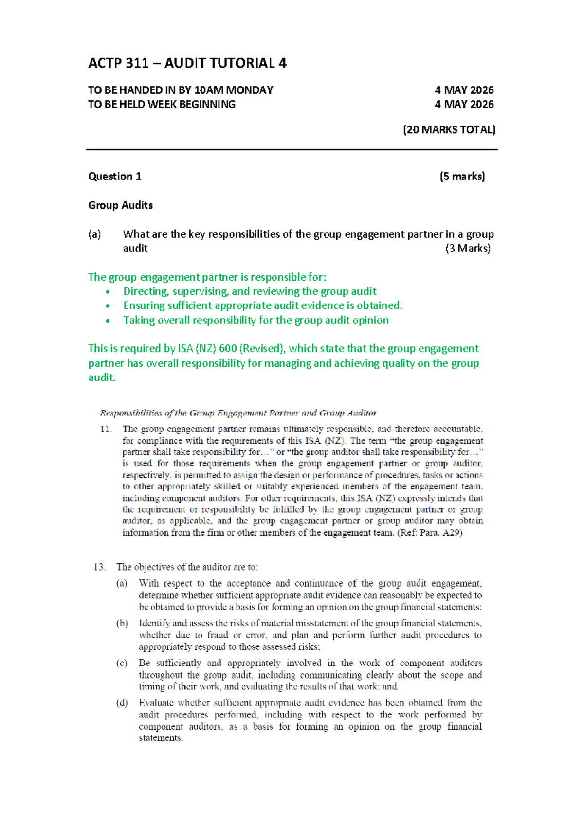 ACTP 311 Audit Tutorial 4: Group Audits & Internal Controls Analysis ...