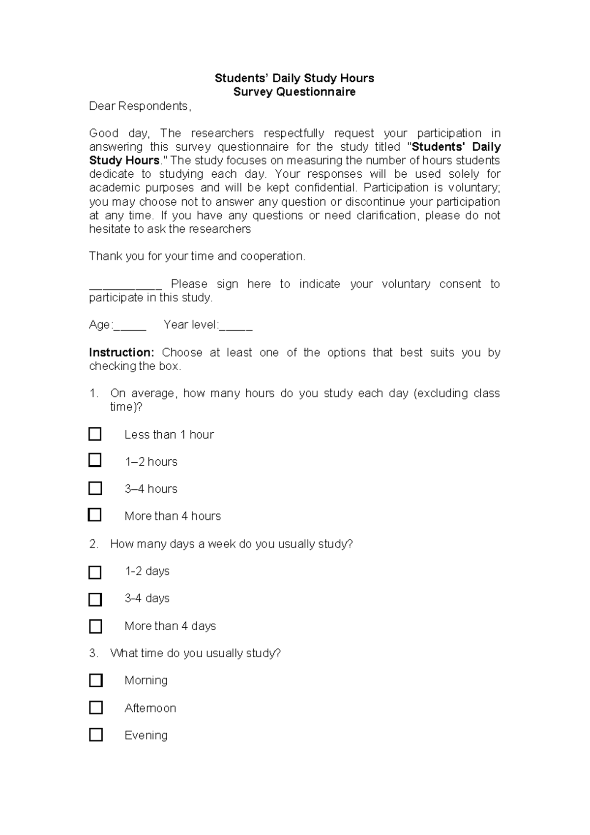 Students' Daily Study Hours Survey Questionnaire - Studocu