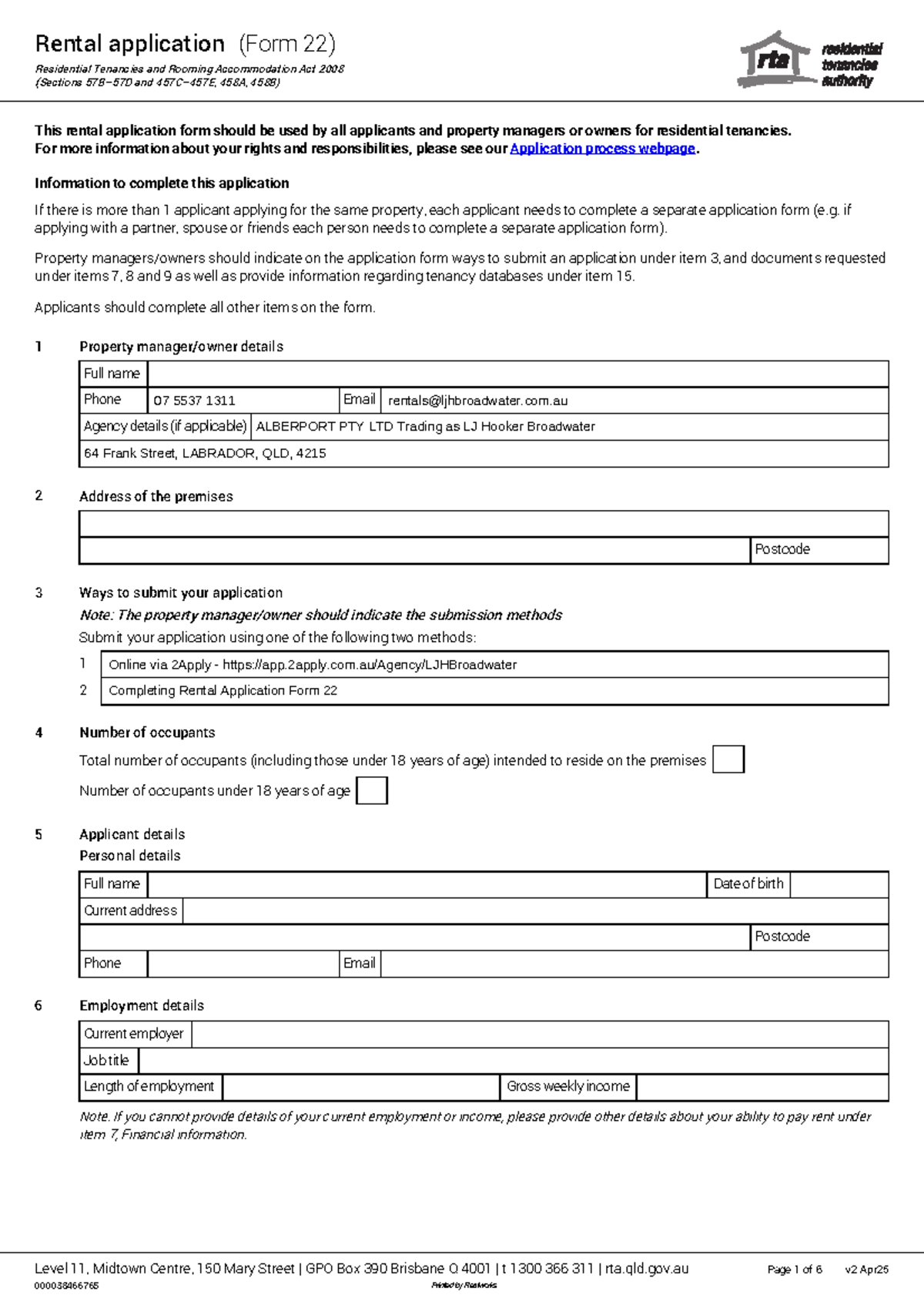 Rental Application Form 22 - Residential Tenancies Act 2008 - Studocu